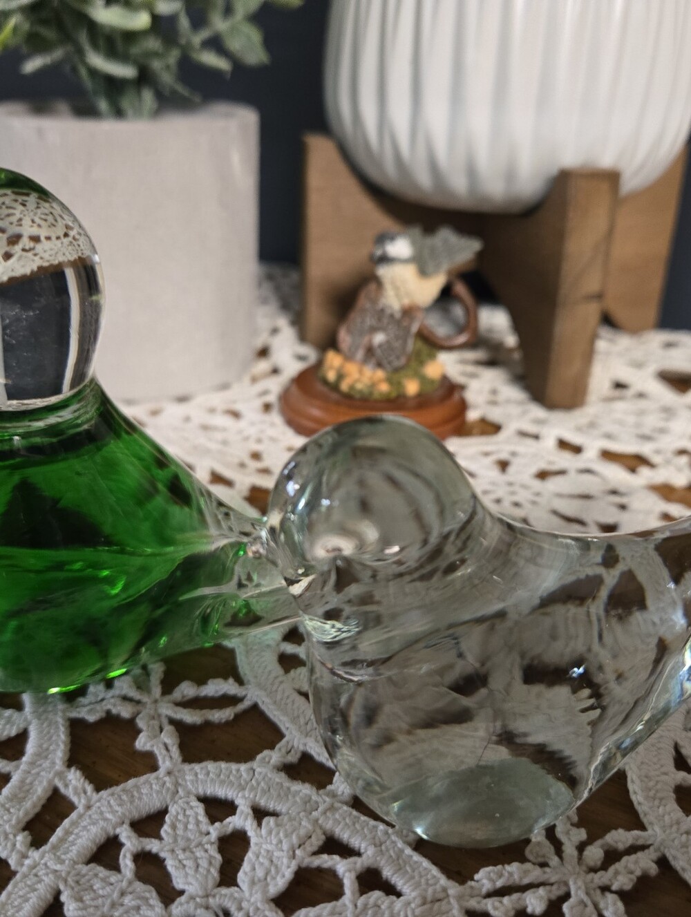 Pair of Hand-Blown Art Glass Birds – Emerald Green & Crystal
